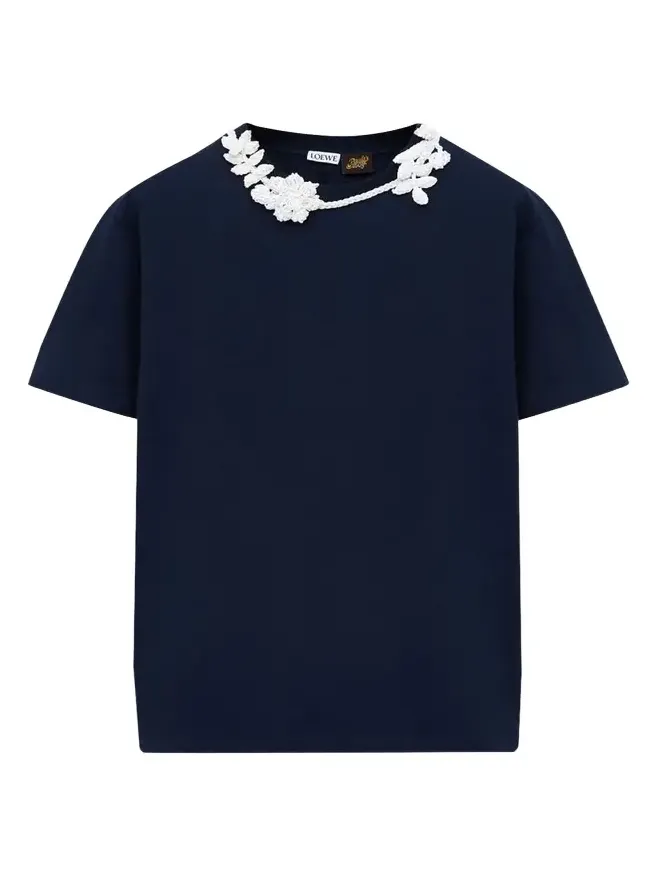 x Paula's Ibiza Floral Crochet-Collar Short-Sleeve T-Shirt