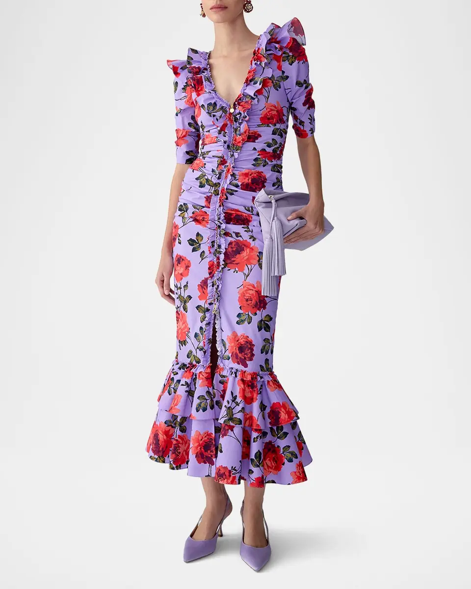 Carolina Herrera Rose-Print Ruched V-Neck Midi Dress | Thumbnail 2 Carolina Herrera Rose-Print Ruched V-Neck Midi Dress | Thumbnail 2