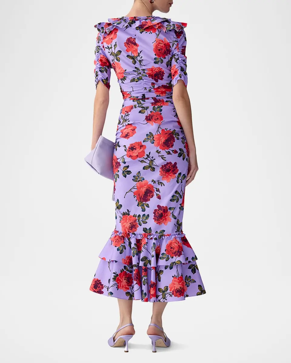 Carolina Herrera Rose-Print Ruched V-Neck Midi Dress | Thumbnail 3 Carolina Herrera Rose-Print Ruched V-Neck Midi Dress | Thumbnail 3