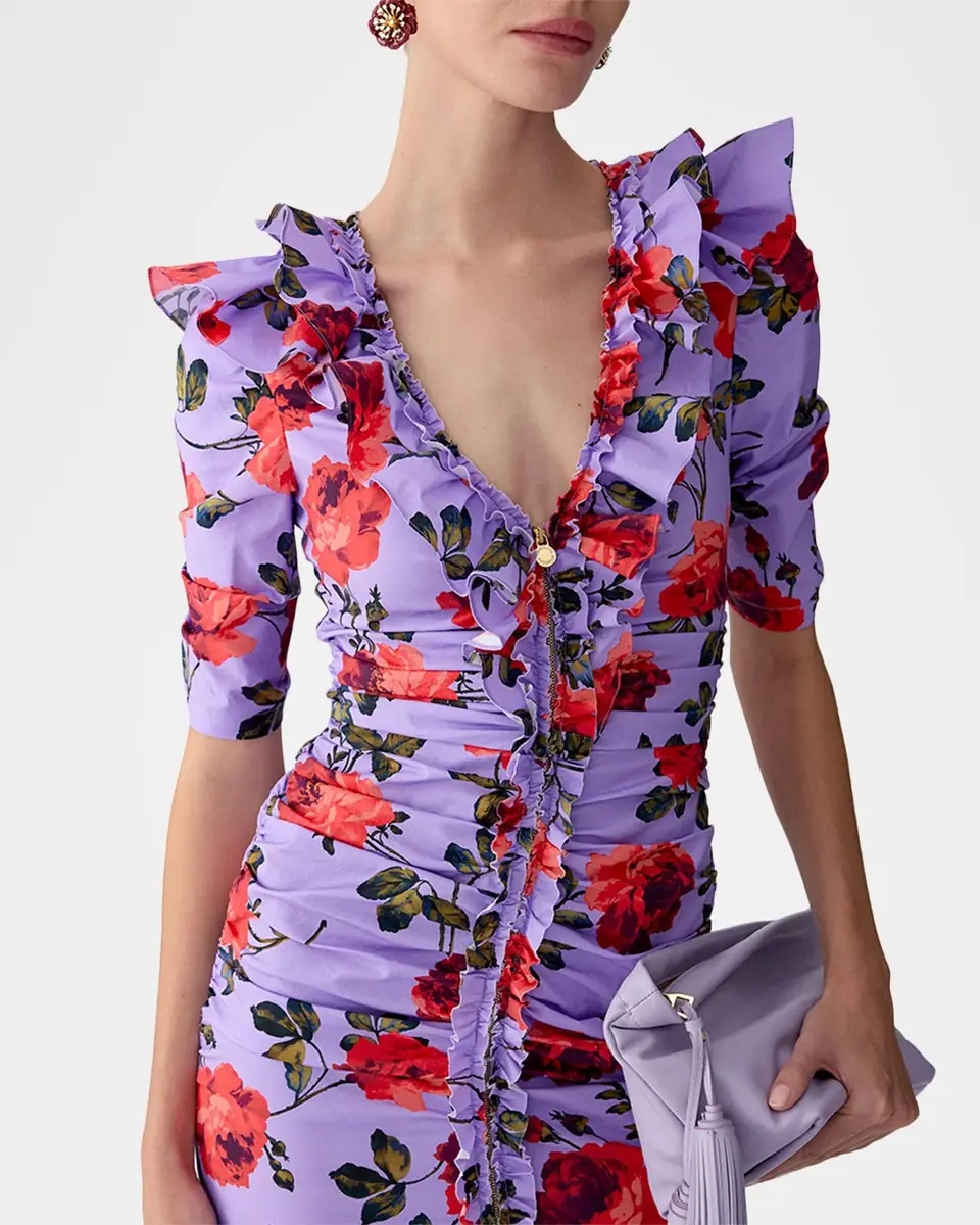 Carolina Herrera Rose-Print Ruched V-Neck Midi Dress | Thumbnail 4 Carolina Herrera Rose-Print Ruched V-Neck Midi Dress | Thumbnail 4