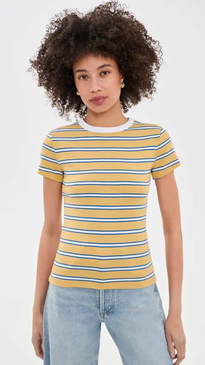 Madewell The '90s Crewneck Tee in Compact Cotton Yellow x Blue Stripe | Thumbnail 2 Madewell The '90s Crewneck Tee in Compact Cotton Yellow x Blue Stripe | Thumbnail 2