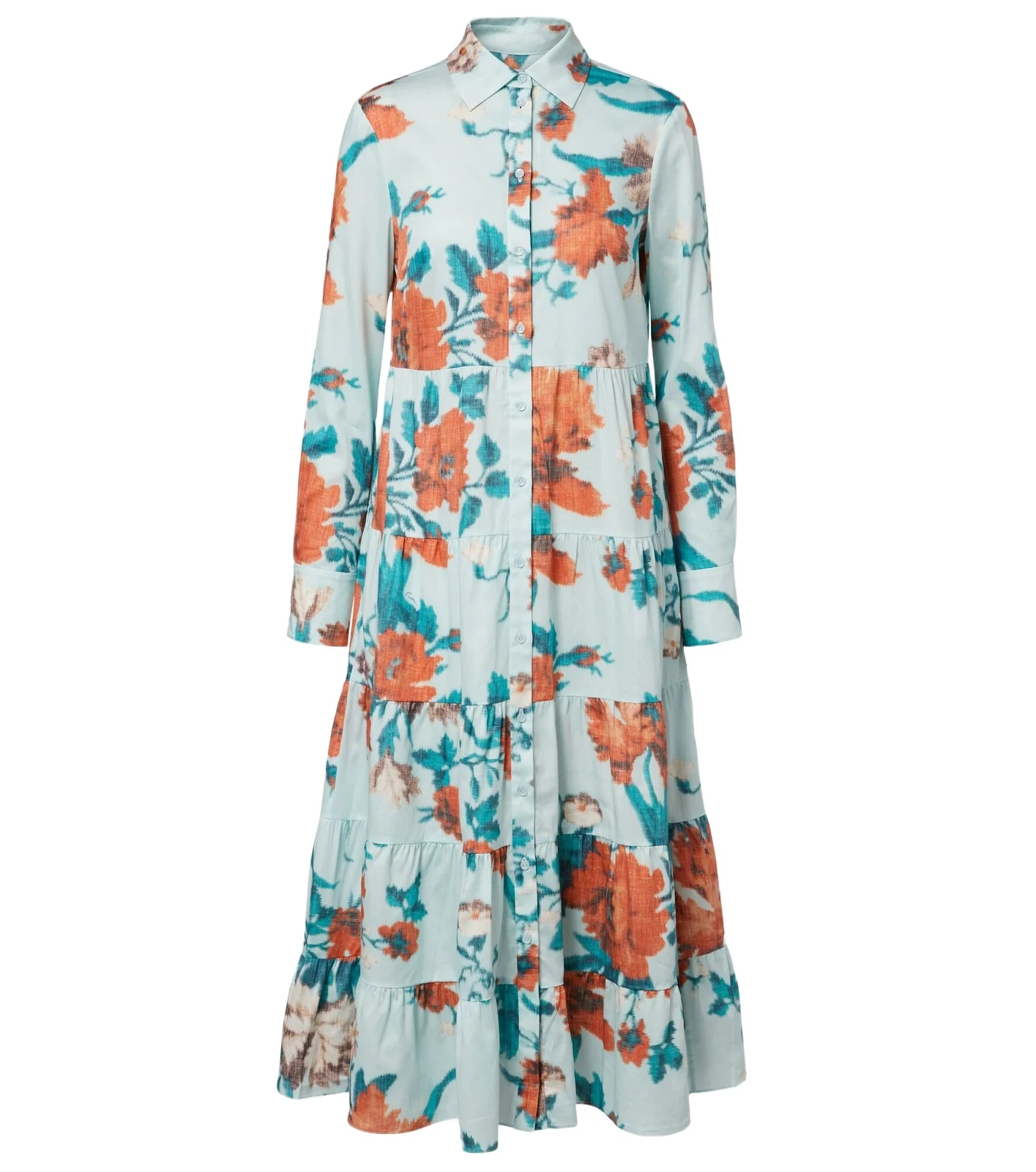 Floral tiered cotton shirt dress