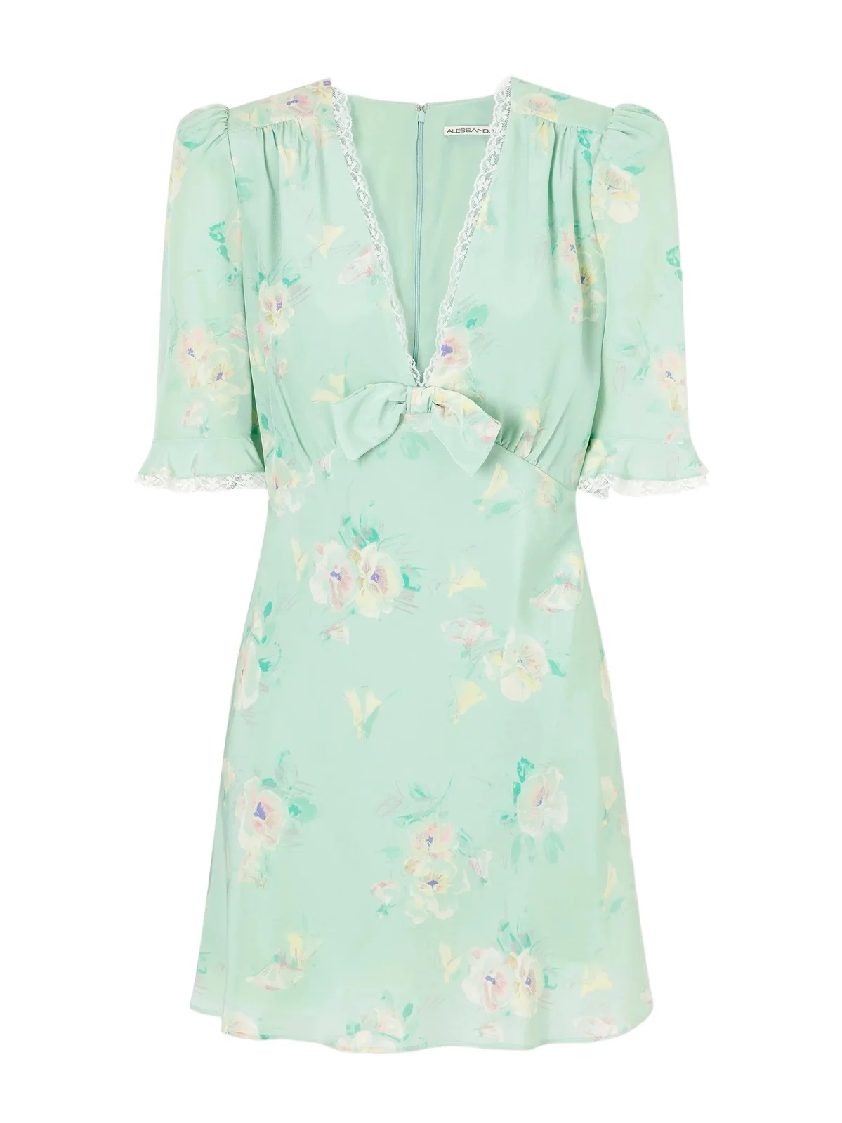Floral-print Lace-trimmed Bow-embellished Silk Mini Dress