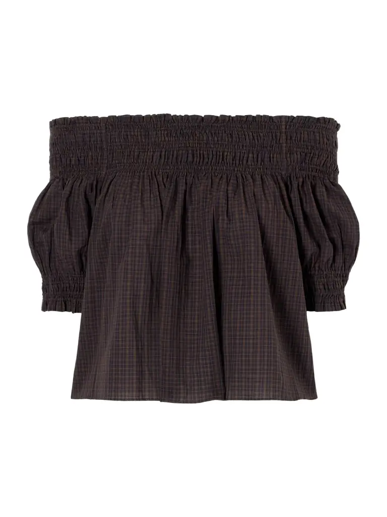 Matteau Shirred Off-the-shoulder Checked Cotton Blouse | Image 1 Matteau Shirred Off-the-shoulder Checked Cotton Blouse | Image 1