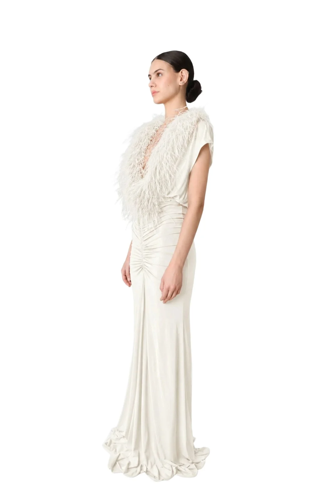 Jersey V Neck Shirred Gown With Feathers Jersey V Neck Shirred Gown With Feathers