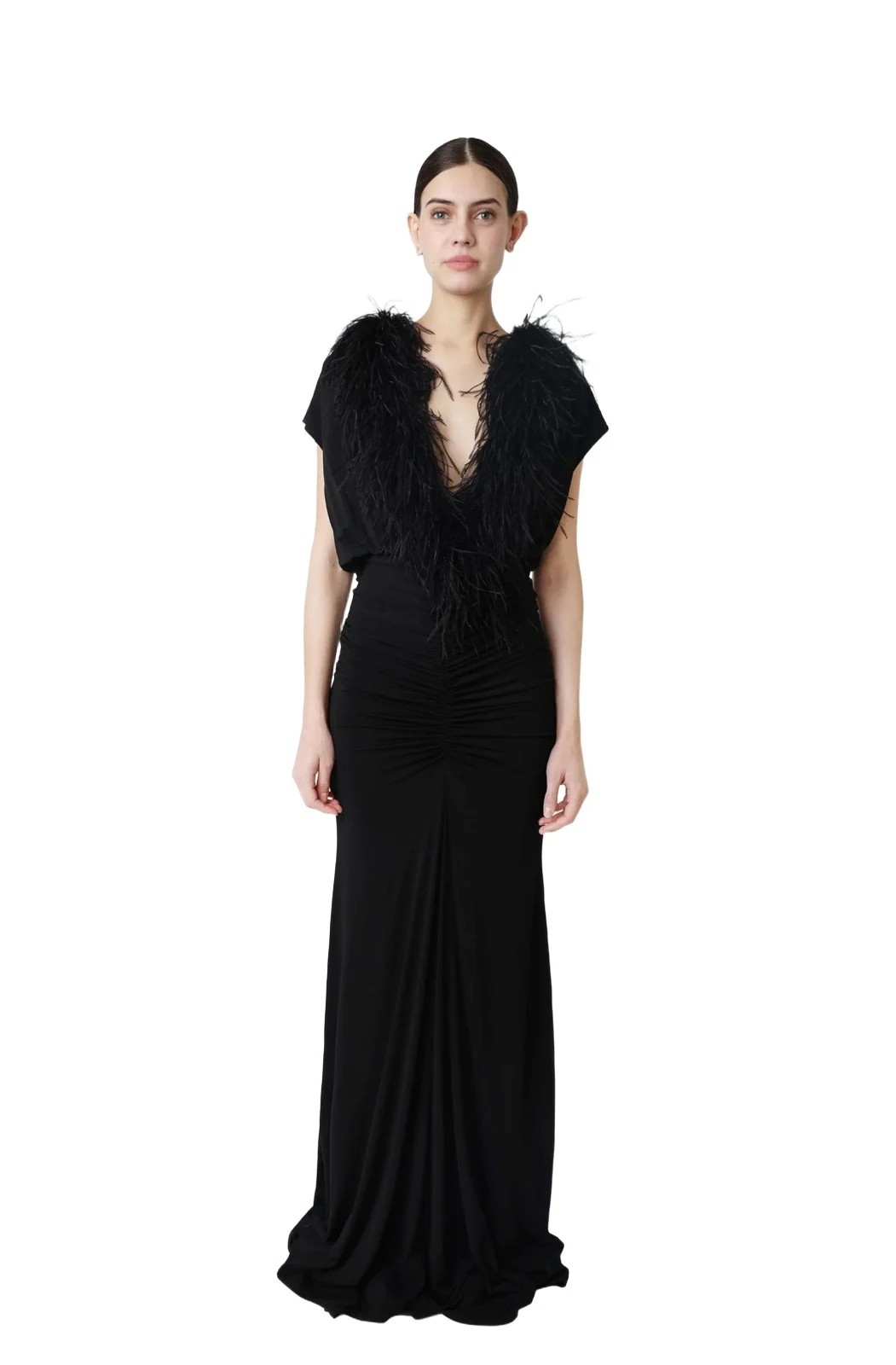 Jersey V Neck Shirred Gown With Feathers Jersey V Neck Shirred Gown With Feathers