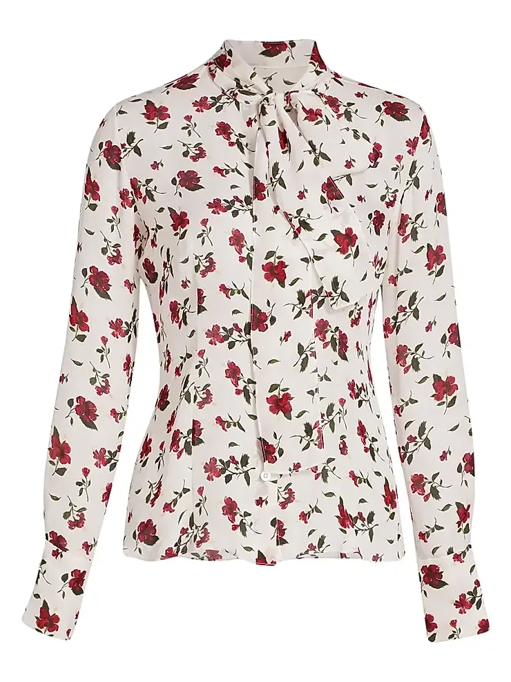 Women's Hibiscus-Print Silk Button-Front Blouse Women's Hibiscus-Print Silk Button-Front Blouse