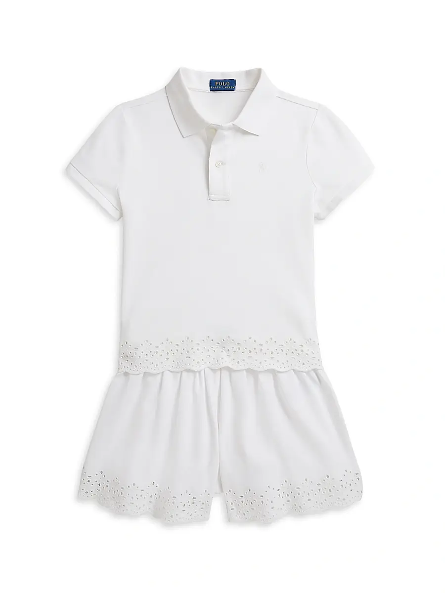 Polo Ralph Lauren Little Girl's & Girl's Eyelet Stretch Mesh Polo Shirt & Shorts Set - White | Image 1 Polo Ralph Lauren Little Girl's & Girl's Eyelet Stretch Mesh Polo Shirt & Shorts Set - White | Image 1