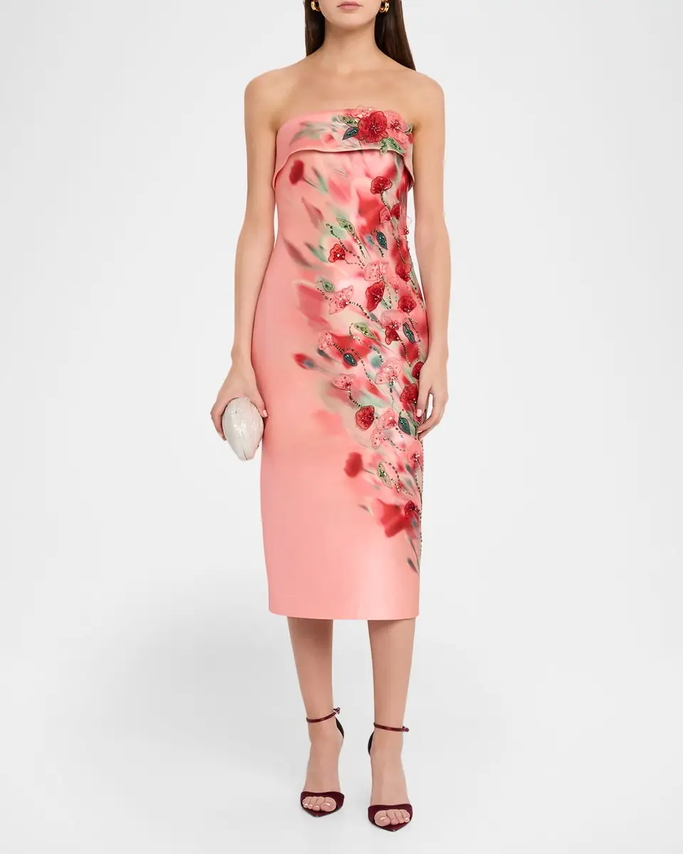 Badgley Mischka Strapless Floral-Print Mikado Midi Dress | Thumbnail 2