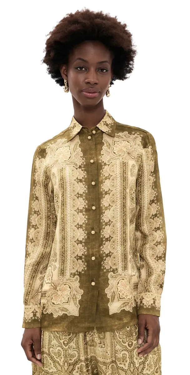 Zimmermann Luna Silk Satin Shirt Olive Perla Paisley | Image 1 Zimmermann Luna Silk Satin Shirt Olive Perla Paisley | Image 1