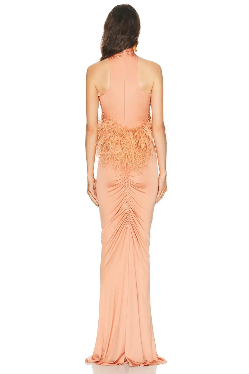LaPointe Jersey Sleeveless Halter Ruched Gown With Feathers | Thumbnail 3