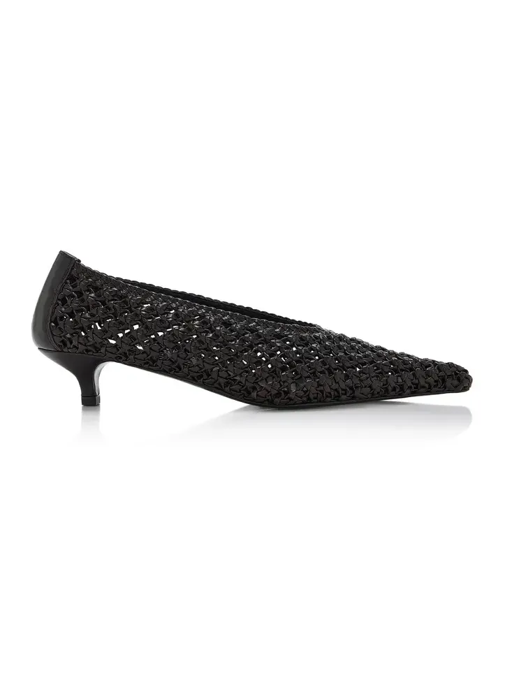 Sharp Woven-Leather Kitten Pumps