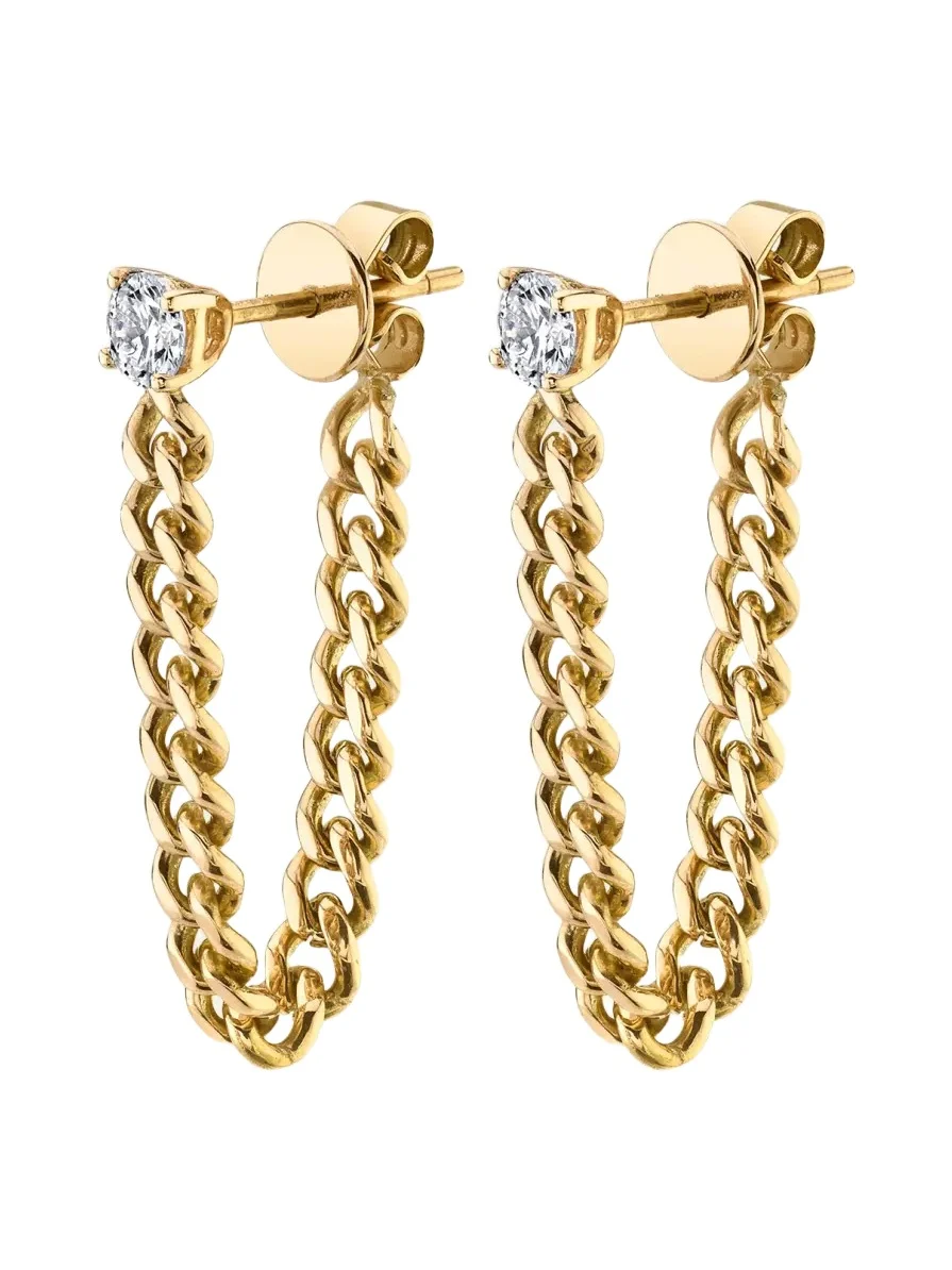 18K Yellow Gold Round Diamond Cuban Link Loop Earrings