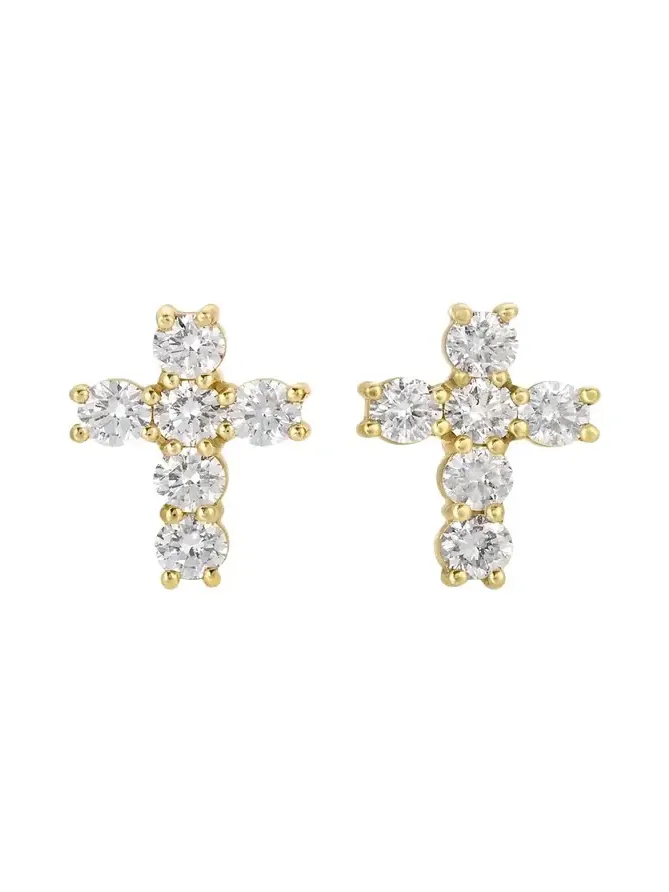 18K Yellow Gold Diamond Cross Stud Earrings