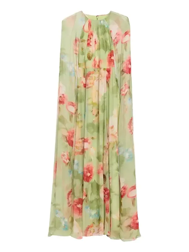 Floral-Print Chiffon Cape Gown