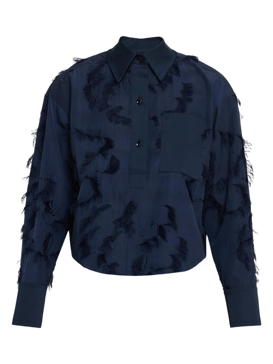 Long Sleeve Fringe Fil Coupe Collared Shirt Long Sleeve Fringe Fil Coupe Collared Shirt