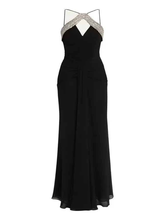 Astros Draped Crystal-Trim Halter Gown