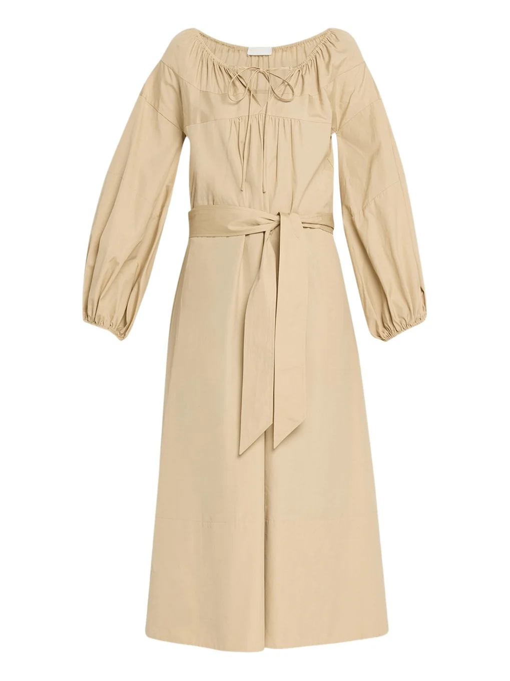 Shirred Cotton Belted Tie-Neck Midi Dress Shirred Cotton Belted Tie-Neck Midi Dress