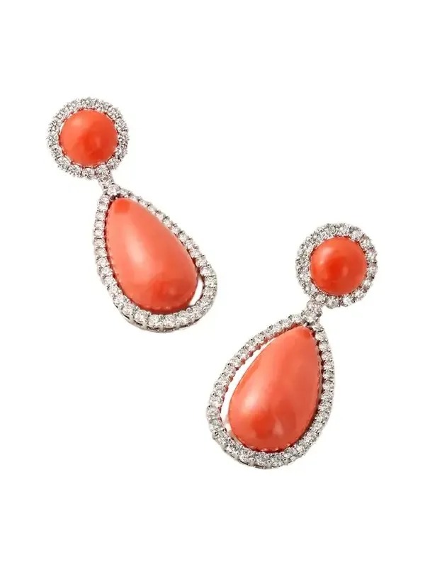 Vintage 1980s Platinum, Coral And Diamond Earrings - Orange