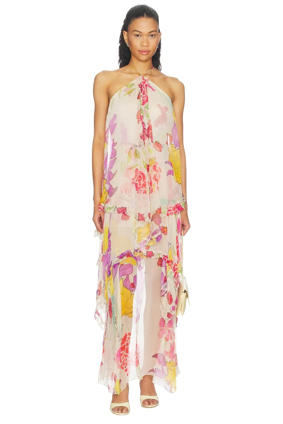 Donde Esteban Flores Silk Chiffon Long Halter Dress