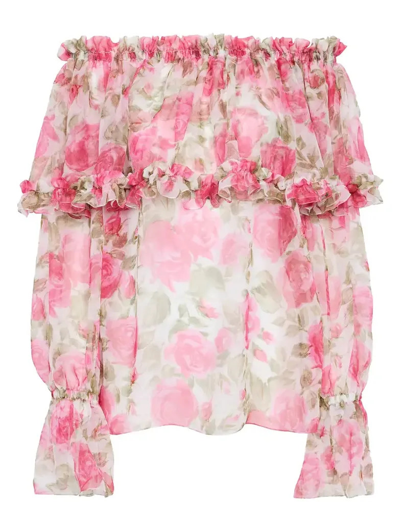 Off-Shoulder Puff-Sleeve Silk Floral Top Off-Shoulder Puff-Sleeve Silk Floral Top