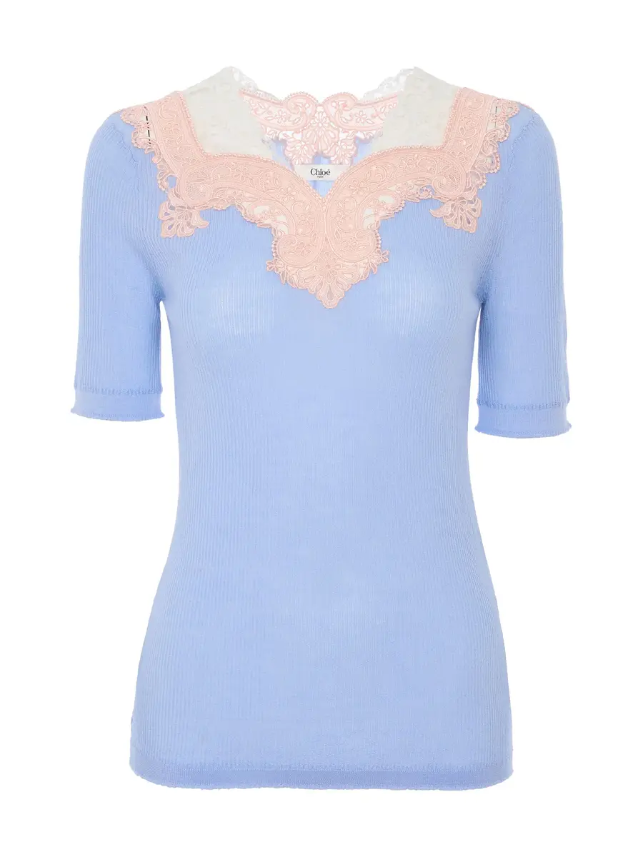 Chloé Wool Knit and Lace Elbow-Sleeve Fitted Sweater | Image 1 Chloé Wool Knit and Lace Elbow-Sleeve Fitted Sweater | Image 1