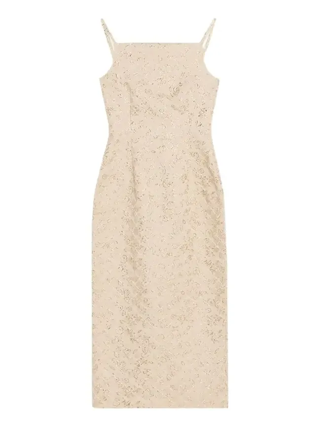 Metallic Floral Jacquard Square-Neck Sleeveless Midi Dress Metallic Floral Jacquard Square-Neck Sleeveless Midi Dress