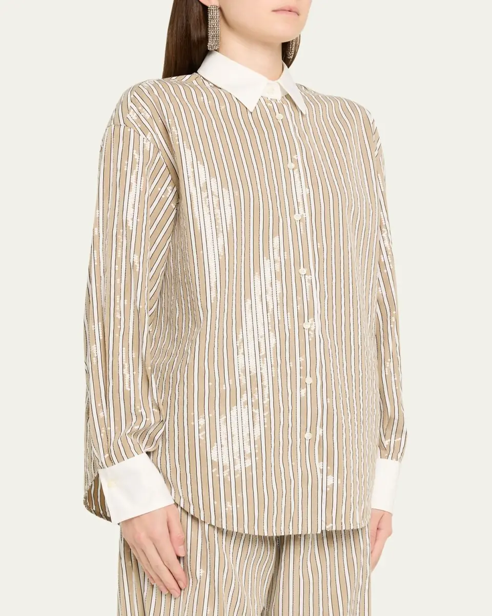 Brunello Cucinelli Sequined Striped Cotton Button-Down Shirt | Thumbnail 4 Brunello Cucinelli Sequined Striped Cotton Button-Down Shirt | Thumbnail 4