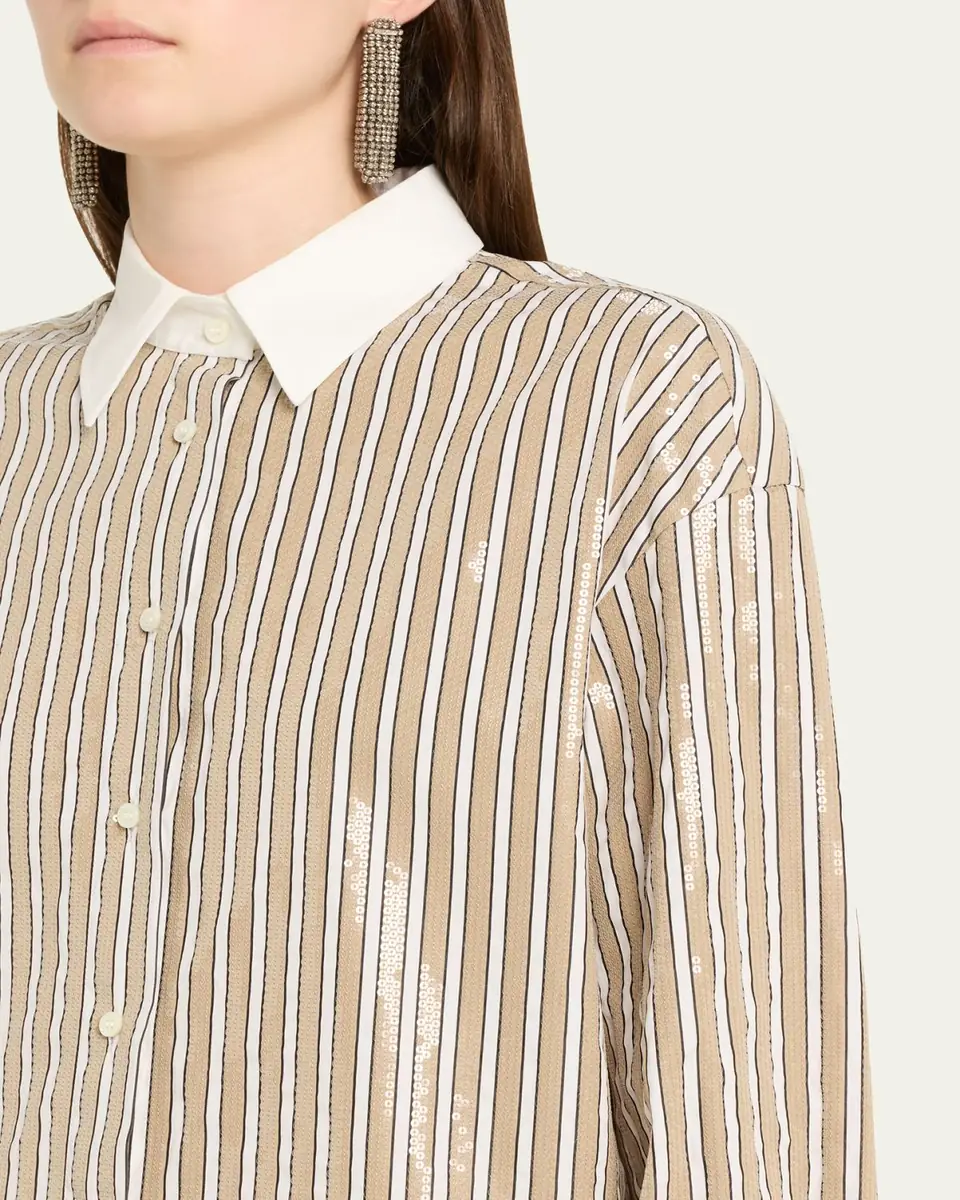 Brunello Cucinelli Sequined Striped Cotton Button-Down Shirt | Thumbnail 5 Brunello Cucinelli Sequined Striped Cotton Button-Down Shirt | Thumbnail 5