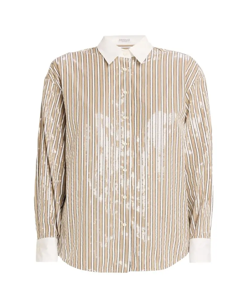 Brunello Cucinelli Sequined Striped Cotton Button-Down Shirt
