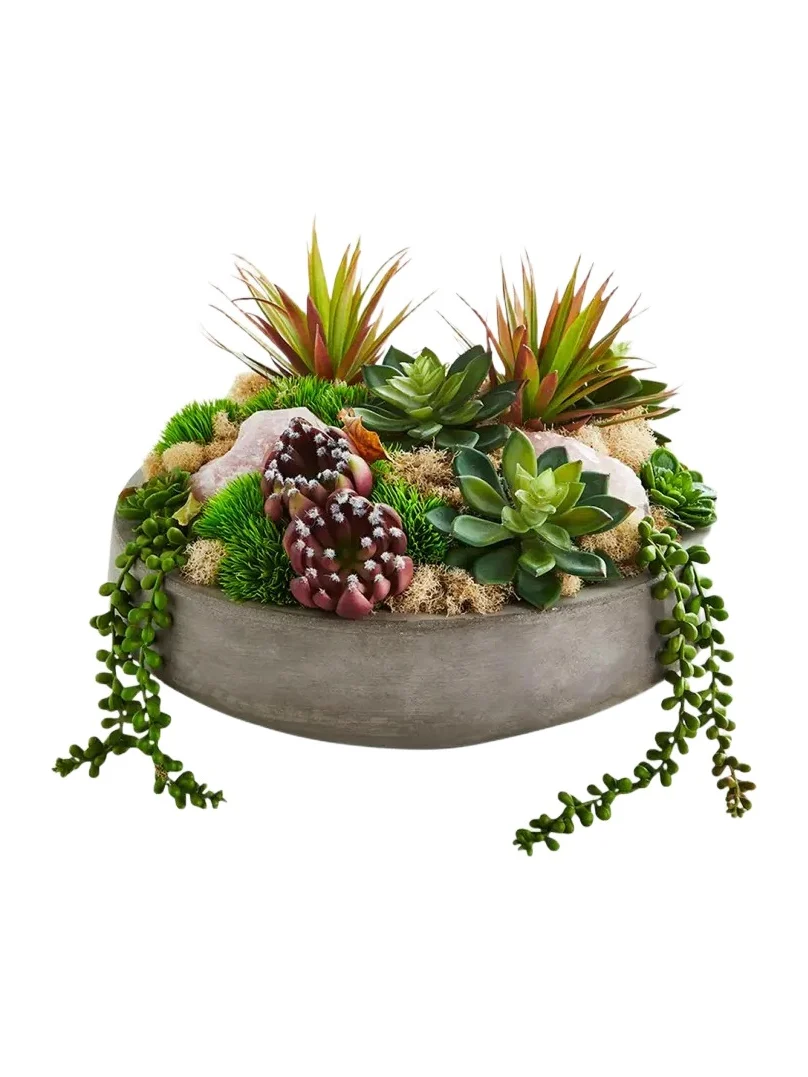 T & C Floral Company Concrete Bowl with Rose Quartz & Succulents