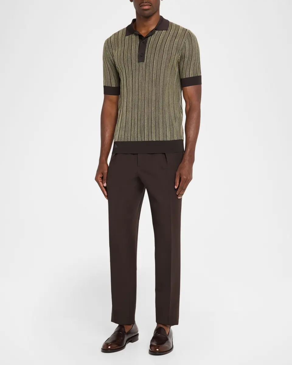 Ferragamo Men's Textured Stripe Short-Sleeve Polo Sweater | Thumbnail 2 Ferragamo Men's Textured Stripe Short-Sleeve Polo Sweater | Thumbnail 2