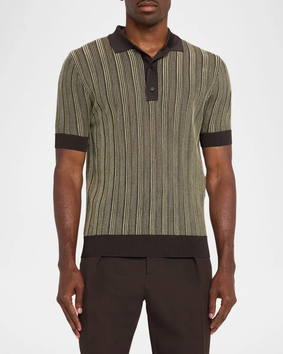 Ferragamo Men's Textured Stripe Short-Sleeve Polo Sweater | Thumbnail 4 Ferragamo Men's Textured Stripe Short-Sleeve Polo Sweater | Thumbnail 4