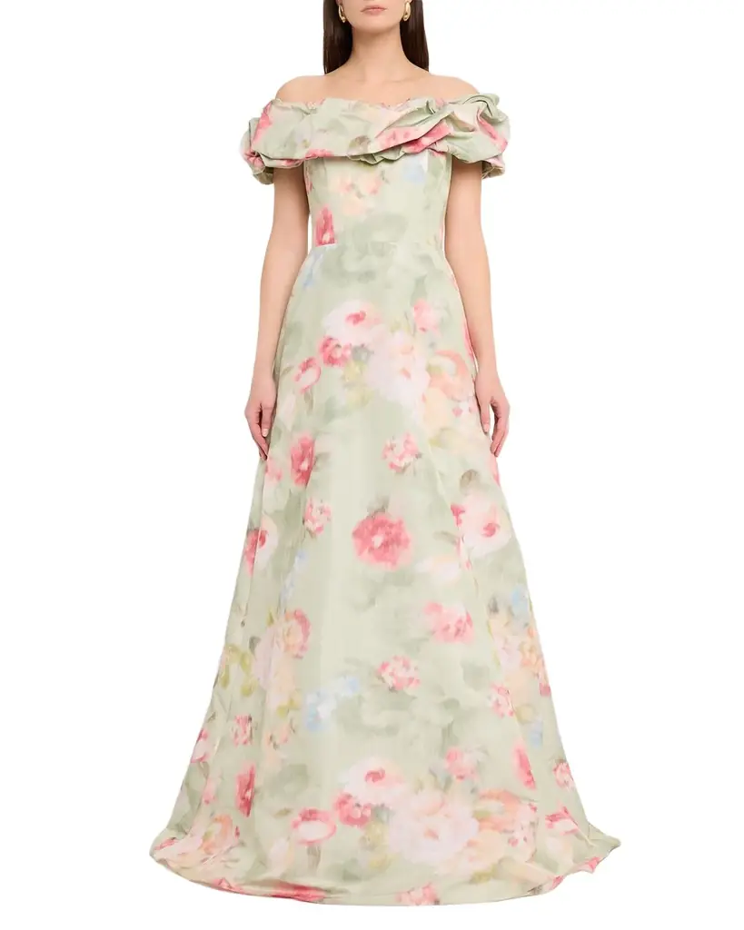 Rickie Freeman for Teri Jon Off-Shoulder Floral Taffeta Gown | Image 1 Rickie Freeman for Teri Jon Off-Shoulder Floral Taffeta Gown | Image 1