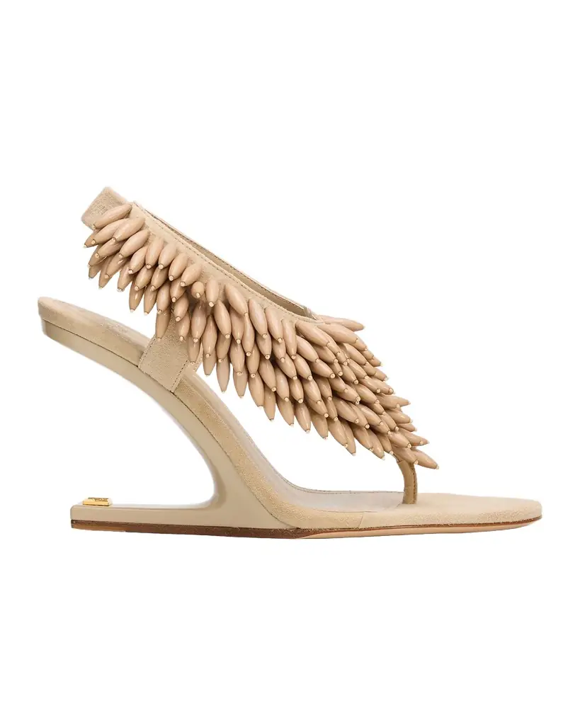 Balmain 95mm No Wedge Beaded Suede Thong Sandals | Image 1 Balmain 95mm No Wedge Beaded Suede Thong Sandals | Image 1