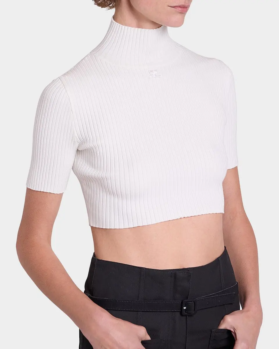 Courrèges Mock-Neck Rib Knit Short-Sleeve Crop Sweater | Thumbnail 4