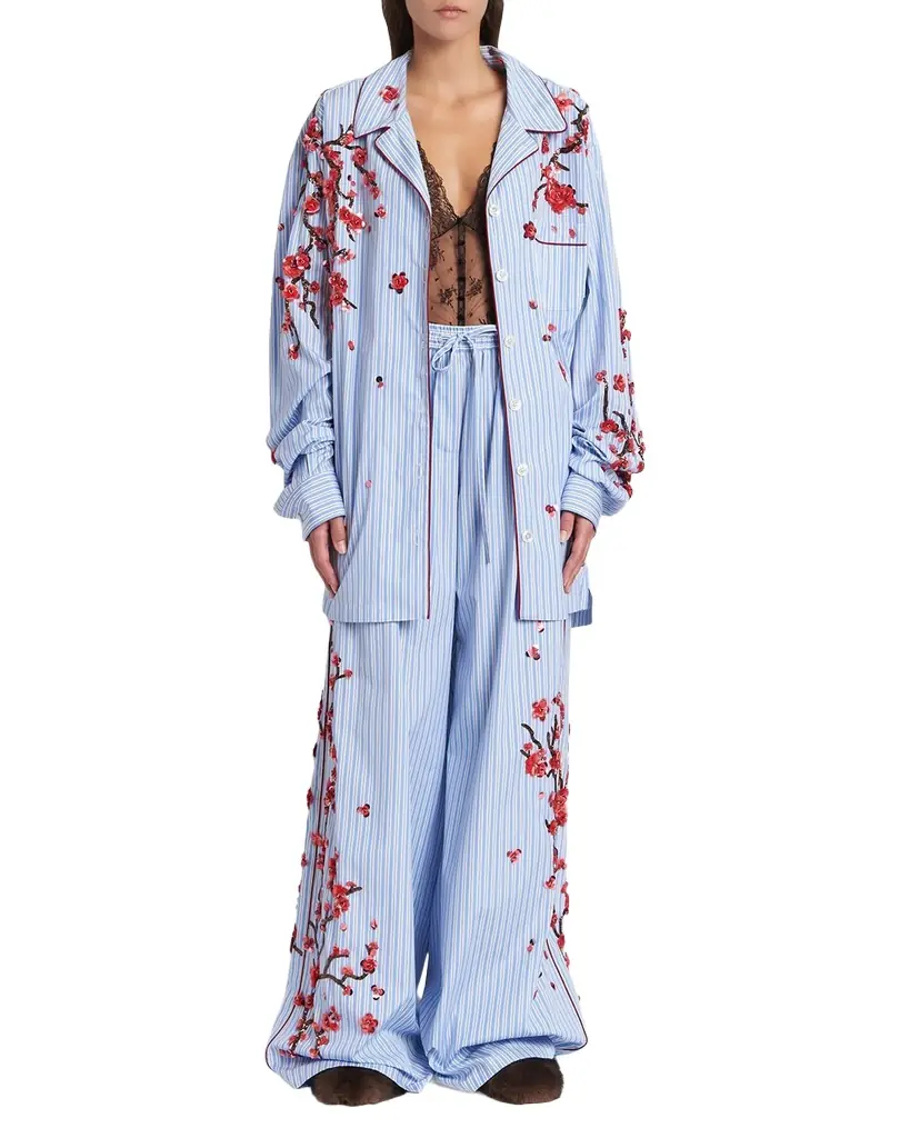 Dolce & Gabbana Embellished Striped Wide-Leg Pajama Pants | Image 1 Dolce & Gabbana Embellished Striped Wide-Leg Pajama Pants | Image 1