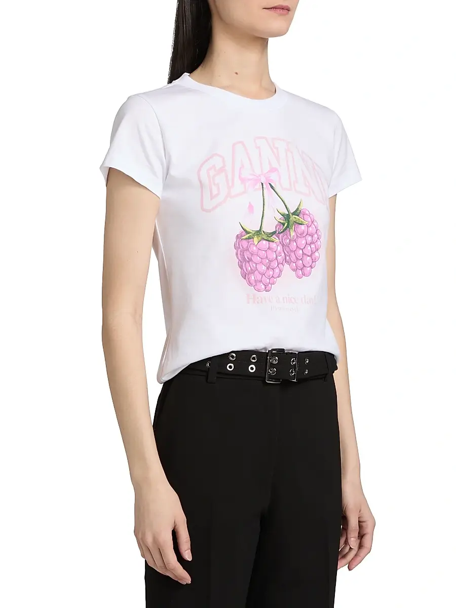 Ganni Women's Raspberry Logo Cotton Baby-Fit T-Shirt | Thumbnail 4 Ganni Women's Raspberry Logo Cotton Baby-Fit T-Shirt | Thumbnail 4