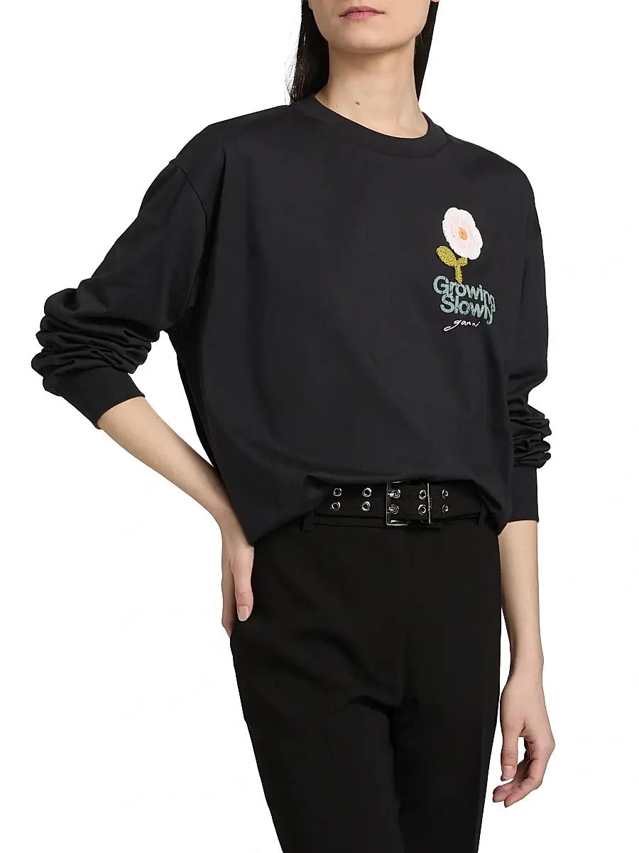 Ganni Women's Embellished Cotton-Jersey Crewneck Sweatshirt | Thumbnail 4 Ganni Women's Embellished Cotton-Jersey Crewneck Sweatshirt | Thumbnail 4