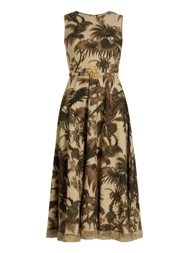 Sleeveless Chine Palm-Print Belted Midi Dress
