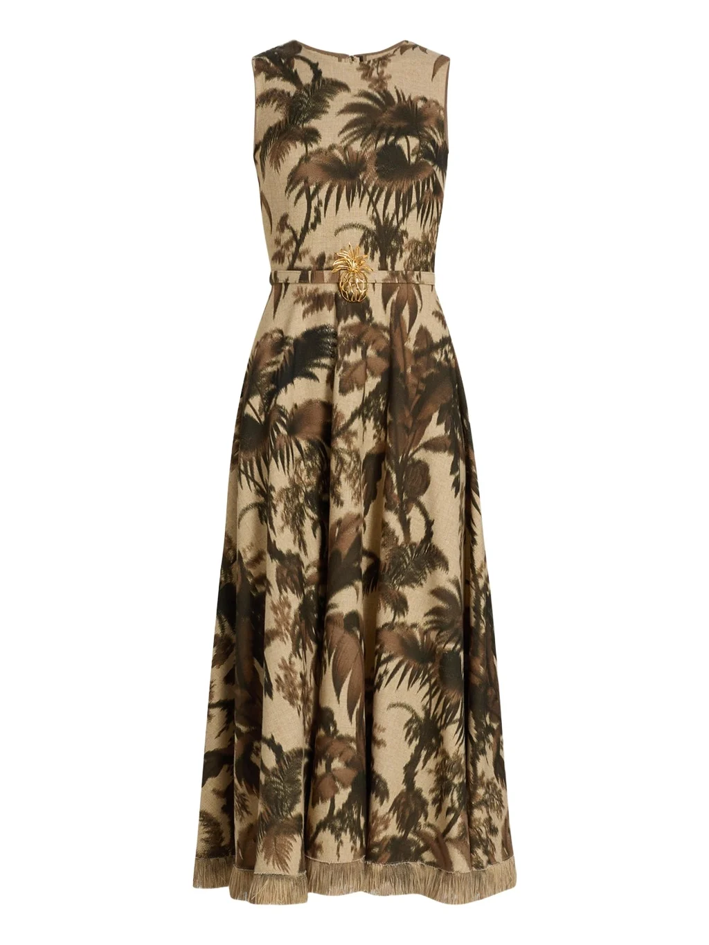 Sleeveless Chine Palm-Print Belted Midi Dress Sleeveless Chine Palm-Print Belted Midi Dress