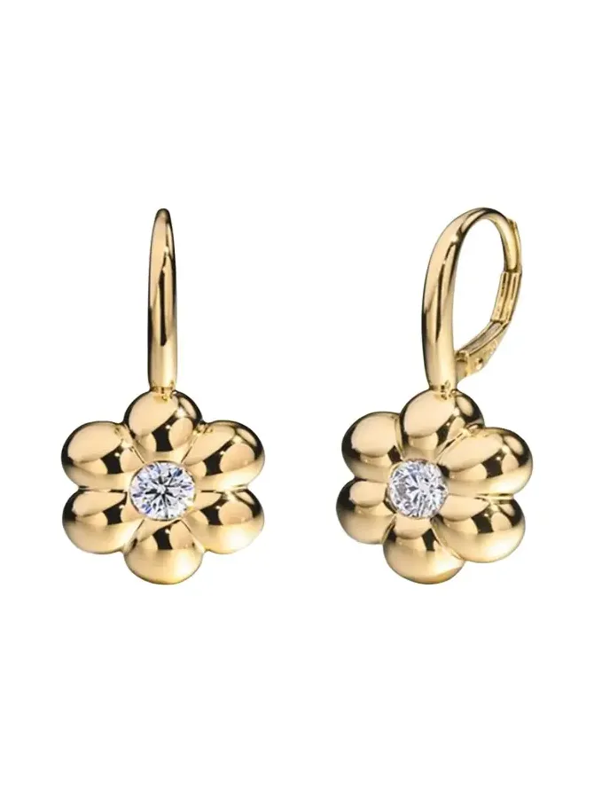 Boochier 18K Yellow Gold Diamond Flower Puff Drop Earrings, 0.6tcw