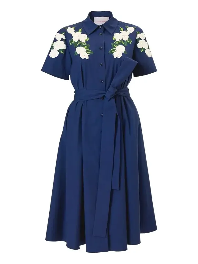 Rose Embroidered Short-Sleeve Midi Shirtdress Rose Embroidered Short-Sleeve Midi Shirtdress