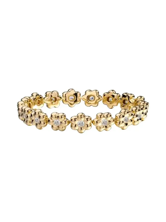 18K Yellow Gold Round Diamond Flower Puff Bracelet