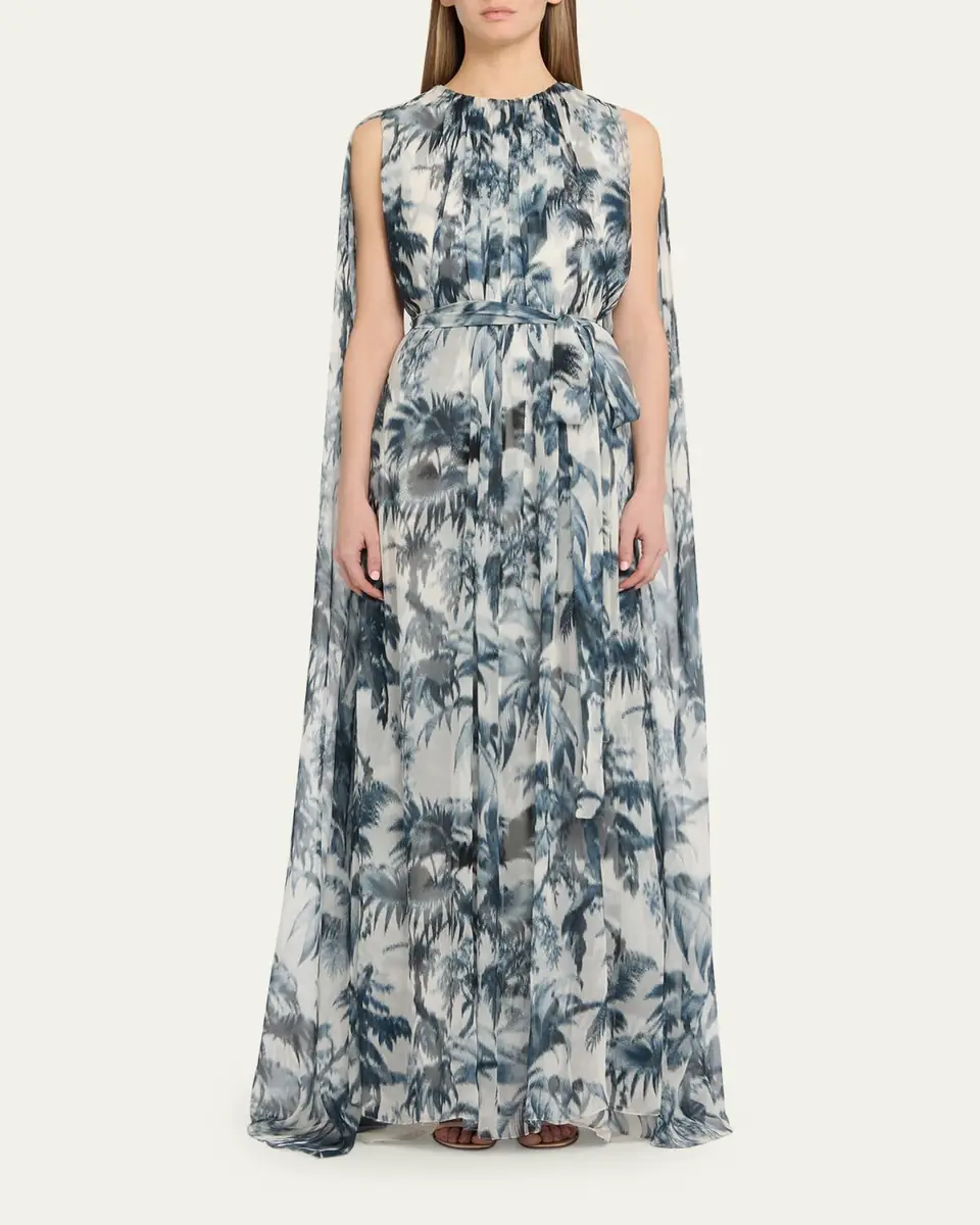 Oscar de la Renta Palm-Print Silk Cape-Sleeve Gown | Thumbnail 2 Oscar de la Renta Palm-Print Silk Cape-Sleeve Gown | Thumbnail 2