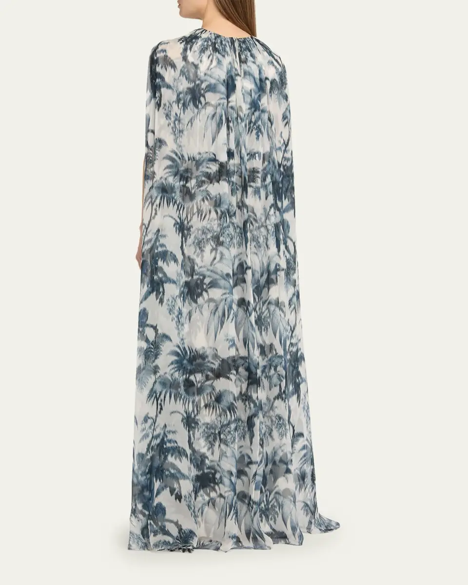 Oscar de la Renta Palm-Print Silk Cape-Sleeve Gown | Thumbnail 3 Oscar de la Renta Palm-Print Silk Cape-Sleeve Gown | Thumbnail 3