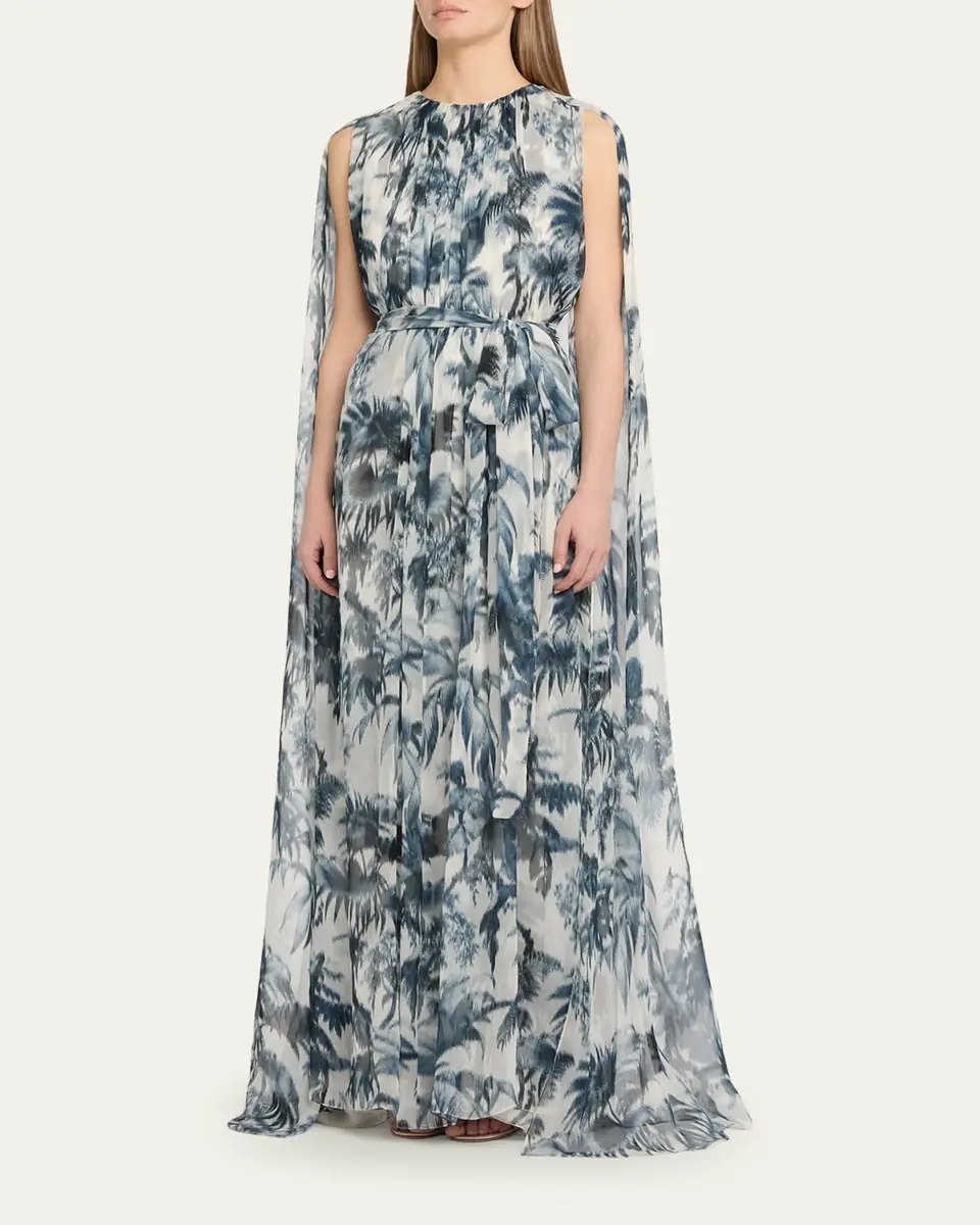 Oscar de la Renta Palm-Print Silk Cape-Sleeve Gown | Thumbnail 4 Oscar de la Renta Palm-Print Silk Cape-Sleeve Gown | Thumbnail 4