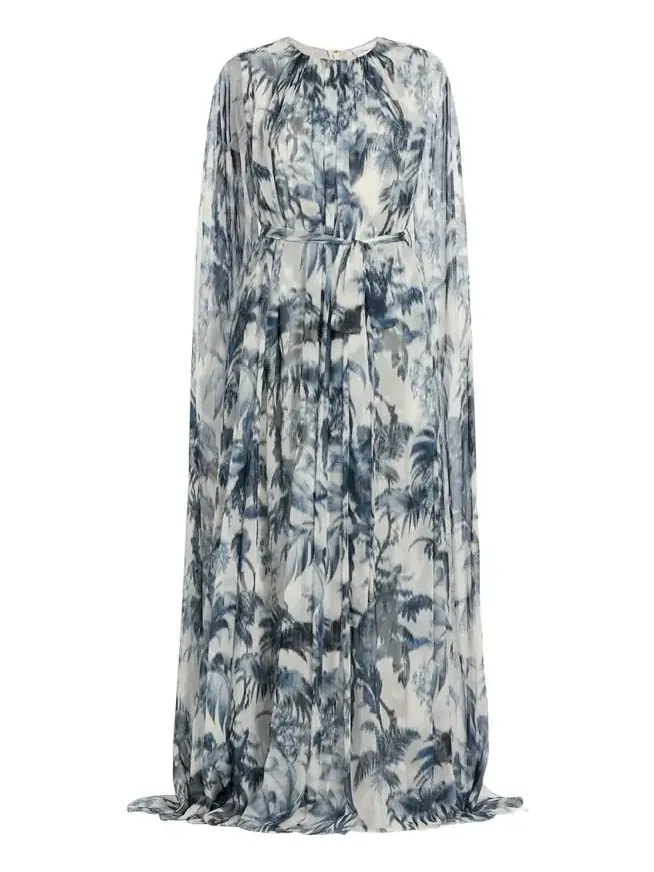 Palm-Print Silk Cape-Sleeve Gown