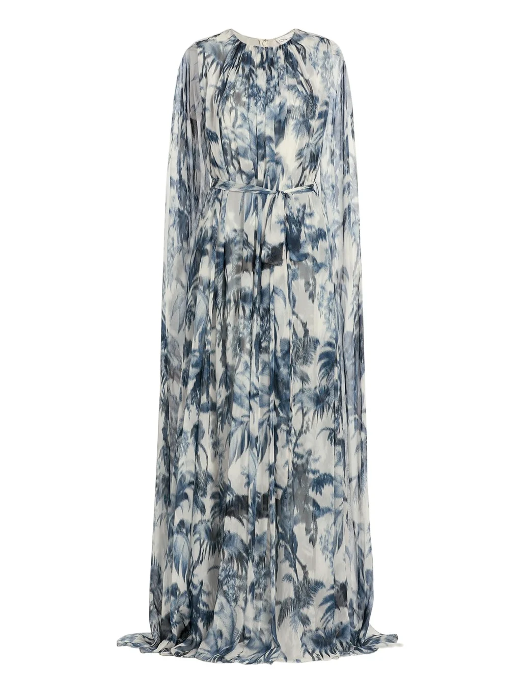 Palm-Print Silk Cape-Sleeve Gown Palm-Print Silk Cape-Sleeve Gown