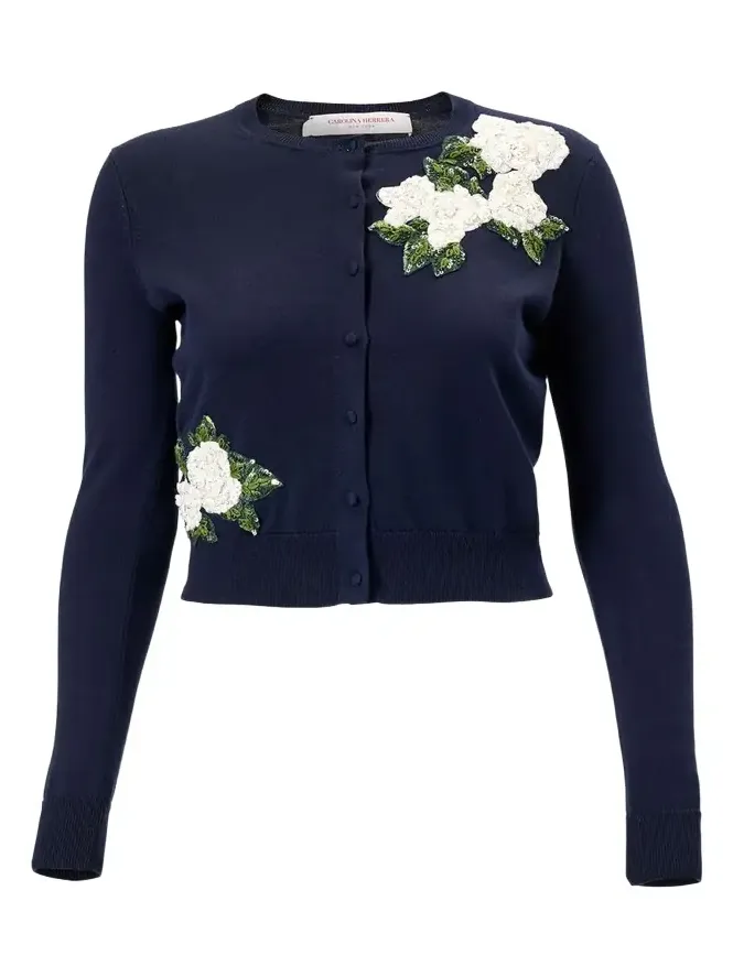 Sequined Floral Embroidered Crewneck Cardigan